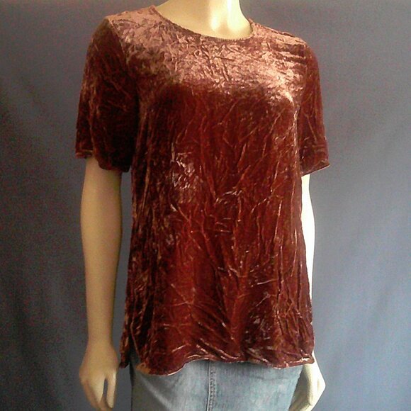 Eileen Fisher Brown Crushed Velvet Tee Top S P - Picture 1 of 10